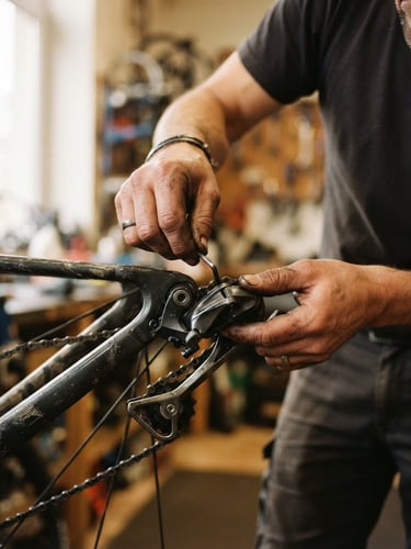 Candid close-up of a bike mechanic's grease-stained hands carefully adjusting a derailleur cage, warm natural workshop window light, 35mm film grain.