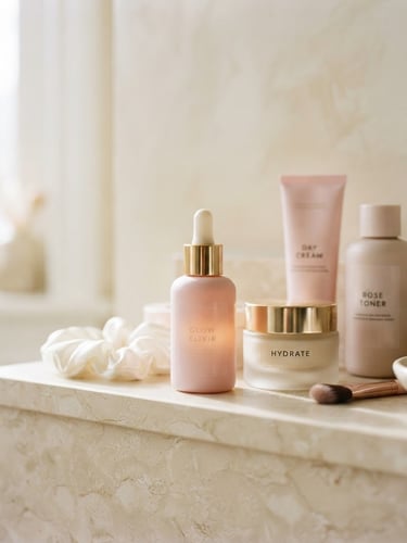 Soft-focus shelfie of pastel pink skincare products on a cream vanity, bright diffused morning sunlight, macro texture details, 35mm