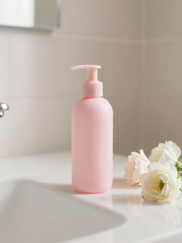 Portrait of a clean, minimalist bathroom vanity with a dewy pink skincare product and fresh flowers, soft morning light, pastel tones.