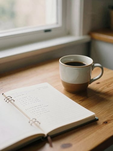 A physical study planner with handwritten notes next to a ceramic coffee mug on a warm wooden kitchen table, soft morning window light, shallow depth of field, 35mm film look.