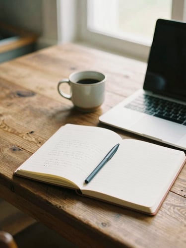 A warm, natural-light overhead photo of a rustic wooden kitchen table, an open notebook with neat handwriting next to a modern laptop and a ceramic coffee mug, soft morning window light, shallow depth of field, 35mm film look.