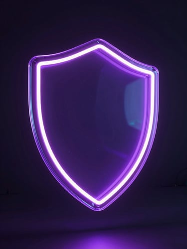 Abstract 3D render of a glowing neon shield made of translucent purple glass, floating in a dark room with cyan light reflections, octane render, 8k