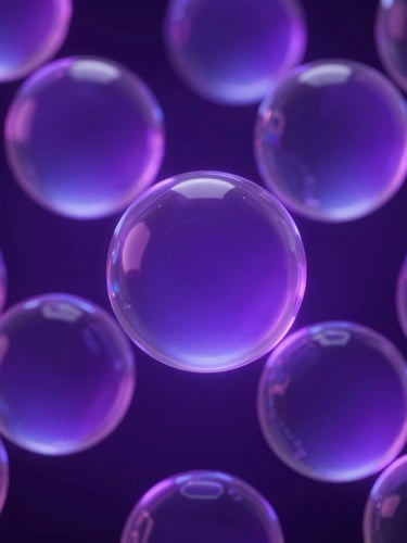 Abstract 3D render of glowing fluid glass spheres, dark neon violet backdrop, moody ambient lighting, octane render, macro close-up