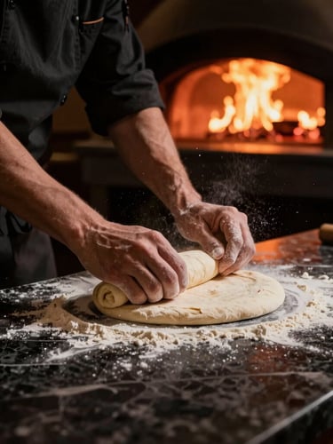 Low-angle heroic shot of a pizza chef stretching fresh dough on a dark marble counter, flour dust in the air, warm side lighting, high contrast