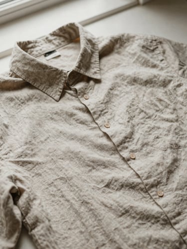 Natural fabric flat-lay of a soft, neutral-toned linen shirt, showcasing texture and drape under warm, diffused window light.