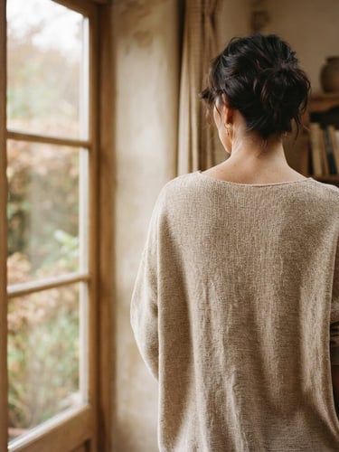 Warm environmental portrait of a model wearing a transitional linen knit top, soft natural window light, muted neutral tones, shallow depth of field, 35mm film texture, model's back slightly turned, focusing on the drape and texture of the fabric, right side of the frame, bleeding to the edge.