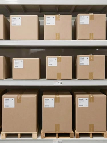 Straight-on shot of an organized warehouse shelf with labeled shipping boxes, bright high-key industrial lighting, sharp focus, 35mm lens