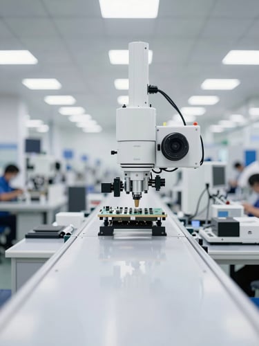 Straight-on shot of a bright, clean electronics assembly line in a modern Chinese factory, high-key technical lighting, sharp focus, 35mm lens