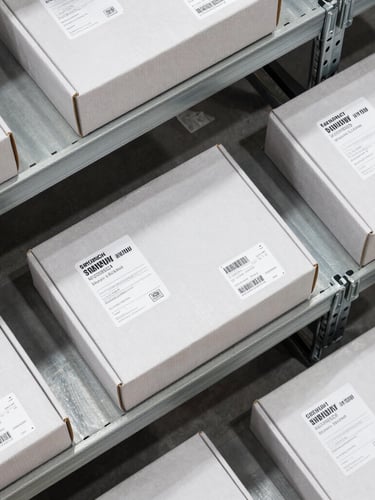 Overhead flat-lay of packaged apparel boxes with technical shipping labels on clean steel warehouse shelves, high-key daylight, sharp focus