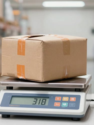 Straight-on technical shot of a parcel being weighed on a digital scale in a bright warehouse, real-time weight display visible, safety orange accents, sharp focus, 35mm lens