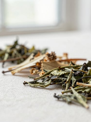 Bright editorial macro photography of dried botanical herbs and green tea leaves on a clean linen surface, soft natural window light, shallow depth of field