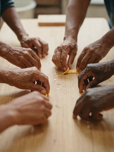 Close-up of hands of different generations working together to build a community kitchen table, warm golden light, Inter and Fraunces editorial vibe, 35mm film style