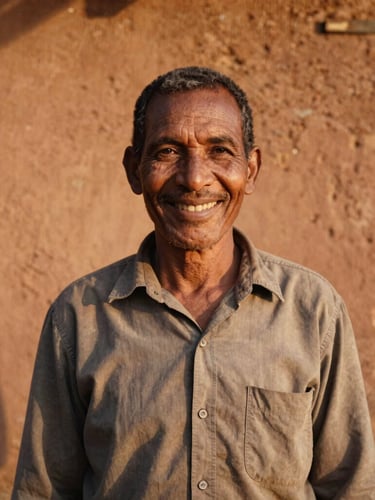 Warm documentary portrait of a local community leader smiling warmly, golden hour sunlight highlighting earthy terracotta walls in the background, authentic and dignified