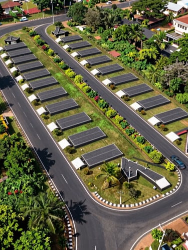 High-angle drone perspective of a meticulously planned gated community layout in Andhra Pradesh, featuring wide blacktop roads with crisp white markings, neat plot demarcations, and lush green boundary landscapes under bright midday sun.