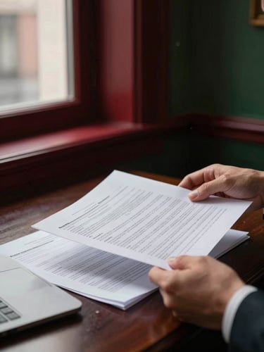 Close-up of hands in a sophisticated office reviewing financial spreadsheets and legal documents under warm window light, deep crimson accents, shallow depth of field, 35mm