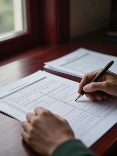 Close-up of hands analyzing complex financial spreadsheets and physical legal documents on a dark wood desk, moody natural window light, deep crimson accents, shallow depth of field, 35mm