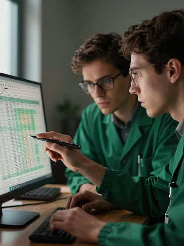 Close-up of two forensic experts in deep concentration, analyzing a complex financial spreadsheet on a monitor, moody office interior with warm desk light, deep crimson and forest green tones, shallow depth of field, 35mm.