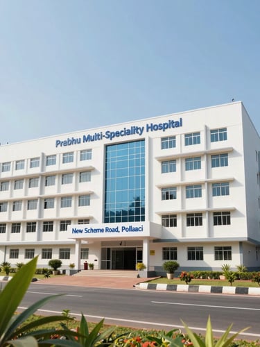 Wide panoramic view of Prabhu Multi-Speciality Hospital facade on New Scheme Road, Pollachi, Tamil Nadu, under bright natural daylight, with a clear blue sky. The building is modern and welcoming, with green foliage in the foreground. Professional, reassuring tone, 35mm lens.
