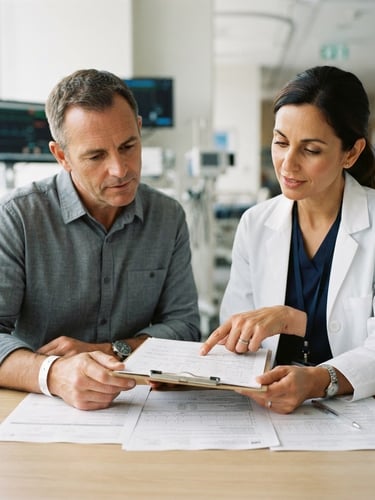 Reassuring image of a doctor and patient discussing documents in a bright, modern hospital setting, soft clinical tones, 35mm lens, focus on hands and documents.