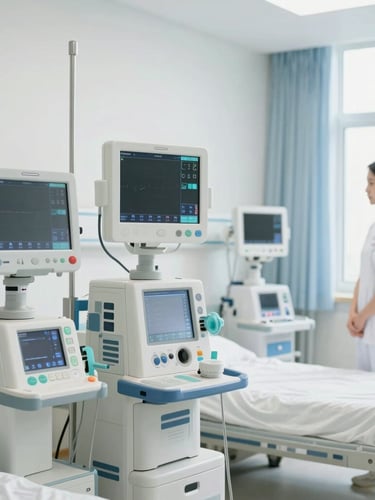 Clean, brightly lit modern hospital ICU with advanced ventilator equipment and monitoring screens, a nurse observing from a distance, soft clinical tones, 35mm lens, natural daylight.