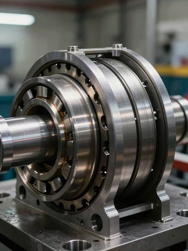 Close-up of a turbine bearing housing cross-section on an industrial workbench, studio lighting revealing precision-machined bearing races, labyrinth seal grooves and oil feed channels, polished steel surfaces under direct overhead light