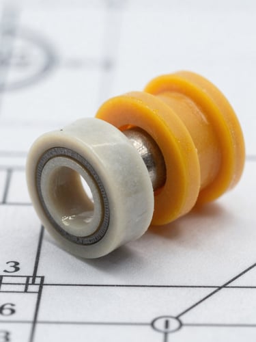 Macro close-up of a silicon carbide seal face and PTFE secondary seal components laid on a technical blueprint drawing, bright studio lighting revealing ceramic surface grain and chemical-resistant elastomer profile, crisp detail on material edges