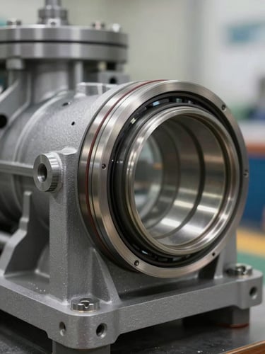 Extreme close-up of a mechanical seal assembly mounted in a heavy industrial pump casing, bright studio lighting revealing precision-machined seal face and carbon ring detail, shallow depth of field, operational context with pipe flanges visible in background