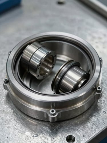 Overhead macro shot of a dual mechanical seal cartridge on a steel workbench, bright industrial daylight illuminating the precision-ground seal faces, O-ring grooves, and gland plate bolt pattern, metallic surface textures sharp and detailed