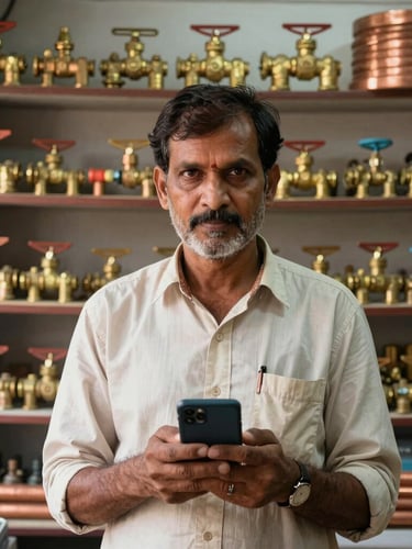 Straight-on eye-level shot of a traditional Indian hardware store owner holding a smartphone inside his shop, background filled with organized shelves of brass valves and copper pipes, bright natural daylight.