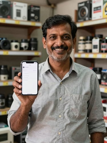 Straight-on eye-level portrait of a smiling Indian hardware store owner in his shop, holding up a mobile phone showing a clean digital interface, natural daylight.