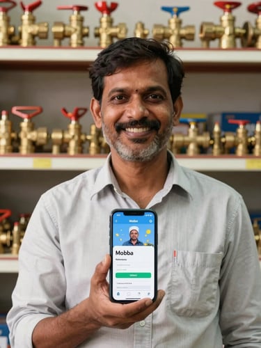 Straight-on eye-level shot of an Indian hardware store owner smiling, holding a mobile phone displaying the Mobba app, shelves of brass valves and tools in the background, bright natural light