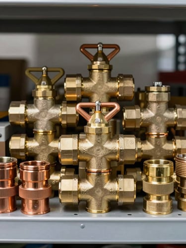 Straight-on eye-level shot of physical hardware inventory, brass valves and copper pipe fittings stacked on a metal shelf in bright daylight