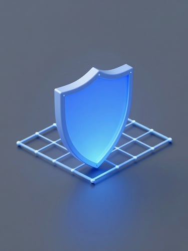 Minimalist 3D render of a glowing blue shield protecting a network grid, clean technical illustration, soft studio light, octane render