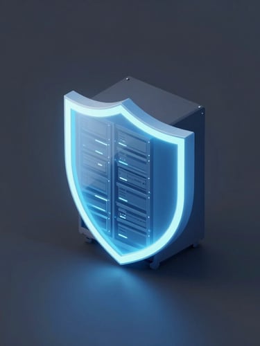 Minimalist 3D render of a glowing digital shield protecting a server rack, isometric perspective, soft blue emissive light, dark slate background, octane render