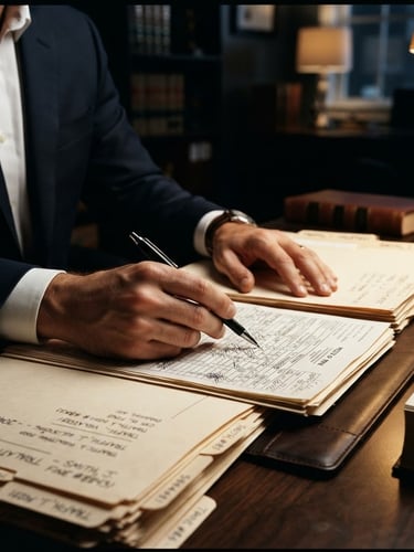 Hands of a lawyer reviewing physical traffic fine files on a dark wooden desk, focused lighting, high contrast, 35mm legal photography