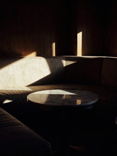 A tight, high-contrast chiaroscuro photograph of a luxurious, empty Phoenix lounge interior, golden hour light cutting through dark shadows, 35mm film.