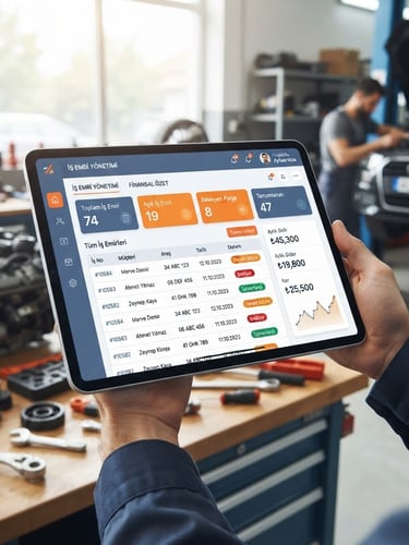 Clean, high-fidelity screenshot of ServisDefteri dashboard on a modern tablet, showing work orders and financial summaries, bright natural workshop lighting, sharp focus. The UI features slate blue and energetic safety-orange accents.
