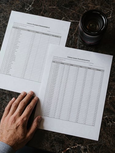 Overhead flat-lay of financial documents and a spreadsheet printout on a dark marble desk, a hand resting on the edge holding a pen, cool studio light from above, precise and institutional