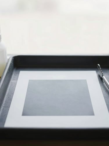 A minimalist setup of darkroom trays with developer chemistry, tongs, and a fresh print, soft natural window light, high-key gray tones.