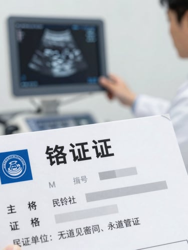 Close-up of an official medical license or certificate, blurred in the background a doctor in a white coat reviewing a modern USG screen, bright neutral daylight, professional navy and white tones, sharp focus on the certificate.