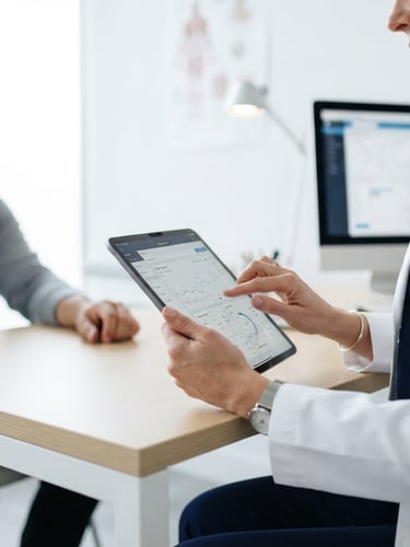 Konsultasi medis di ruangan bersih minimalis dengan dokter profesional berjas lab putih, fokus pada tangan dokter yang memegang tablet, tanpa wajah pasien, pencahayaan alami cerah.