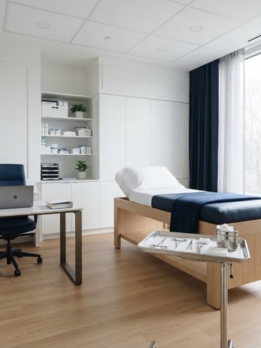 A bright, clean, modern consultation room with sterile medical equipment, soft neutral daylight, no people, emphasizing a calm and professional environment.