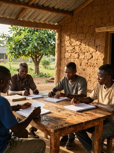 Close environmental wide shot of a community meeting space in rural Ghana — circular adobe walls with a corrugated roof open on one side, morning light spilling across a worn wooden table where hands sort papers and notebooks, three or four residents mid-discussion, deep green foliage visible beyond the open wall, warm golden daylight, no posed expressions
