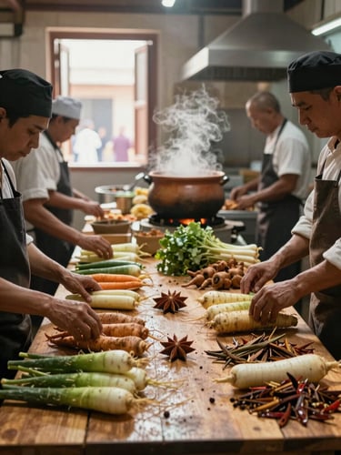 Wide environmental shot inside a busy community market kitchen, resident cooks arranging root vegetables and dried spices on a long wooden table, warm natural light from open shuttered windows, steam rising from a large clay pot in the background, hands in motion mid-task