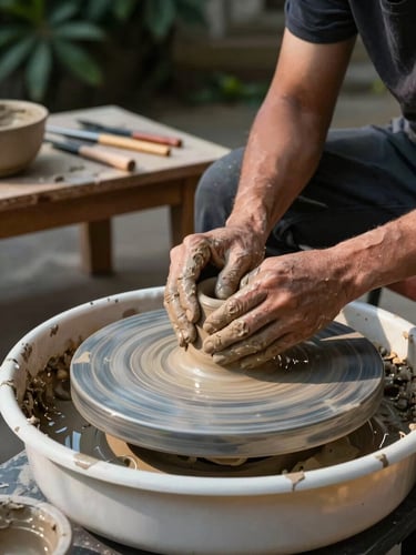 Close environmental frame: a resident potter's hands pressing wet clay on a spinning wheel in a shaded courtyard, afternoon sidelight catching the surface texture, tools and raw clay visible on a wooden shelf behind, deep green foliage at the courtyard edge