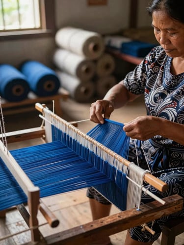 Close environmental shot inside a community weaving workshop in Southeast Asia, a woman's hands threading vivid indigo yarn through a hand-loom in the foreground, warm diffused daylight from a side window, worn wooden floor and stacked bolts of fabric visible in soft focus behind her