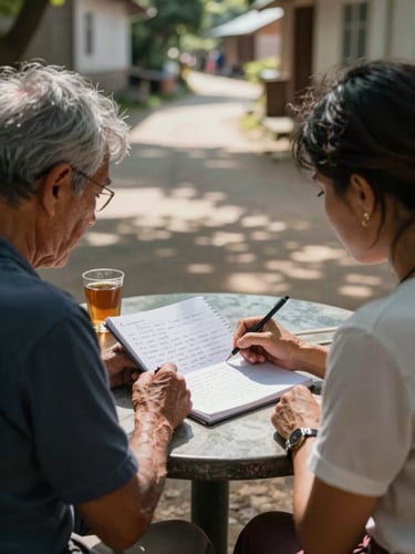 Close frame of two people seated across a low table outdoors, one resident and one participant, both looking at a handwritten language notebook between them, dappled tree-shade light, a cup of tea beside the notebook, a village path visible behind them