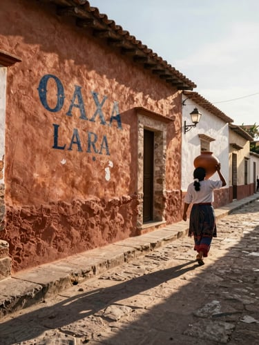 Close environmental framing of a narrow lane in a Oaxacan town — hand-painted signage on a terracotta wall left, a woman carrying a clay pot walking away from camera, golden afternoon light raking across the stone pavement, high-contrast shadow detail, no tourists