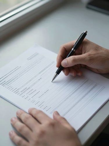 Close-up overhead view of hands reviewing a printed financial statement on a work desk, a pen resting mid-page, natural daylight from a window casting soft even light across the document, cool-toned and calm
