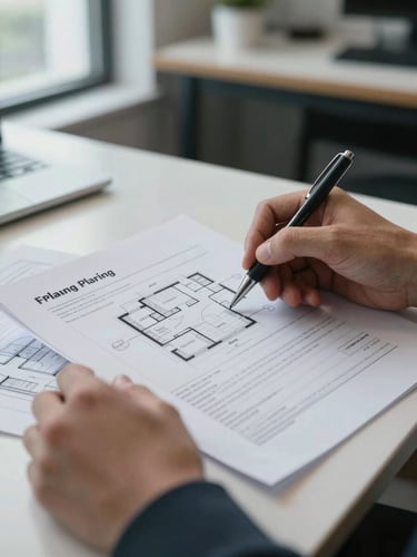 Close-up of hands reviewing a printed financial planning document on a desk, a property site plan partially visible beneath it, cool natural daylight from a window to the left, one hand holds a pen mid-annotation, quiet office background out of focus